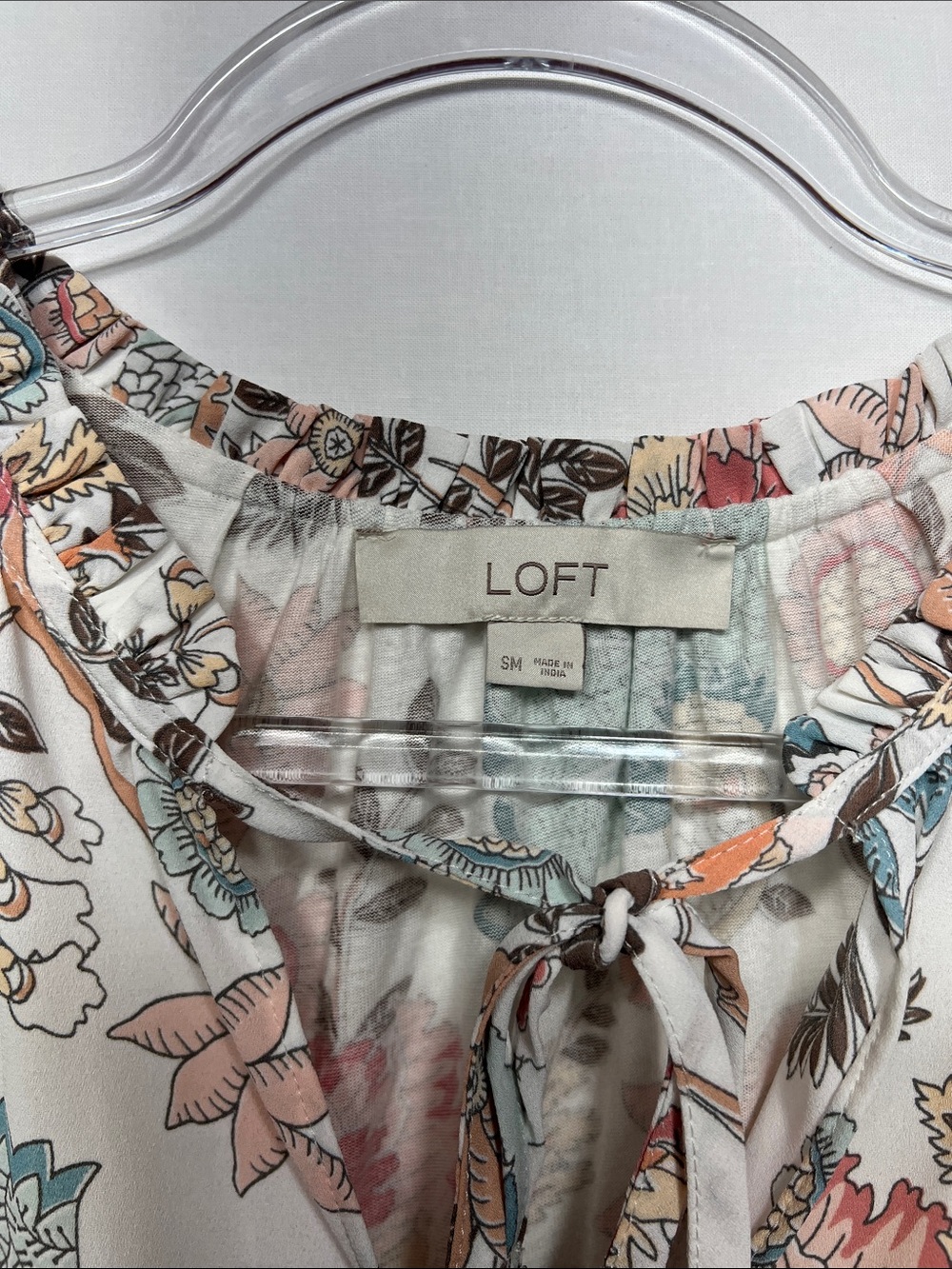 LOFT Floral Tie-Neck Sleeveless Camisole Blouse with Blue, Pink & Brown Accents - Picture 2 of 7